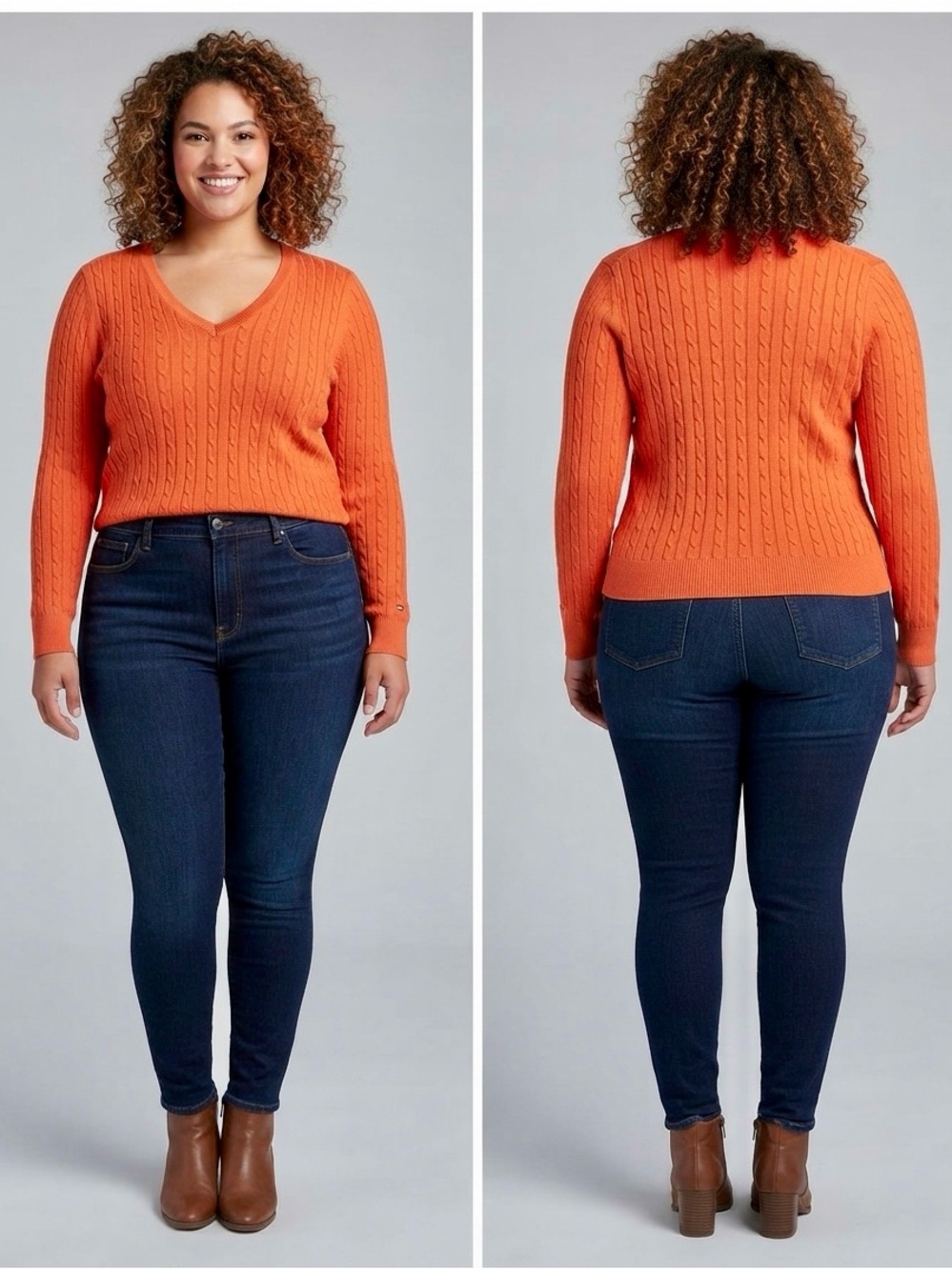 Tommy Hilfiger Orange Cable-Knit V-Neck Sweater L/G